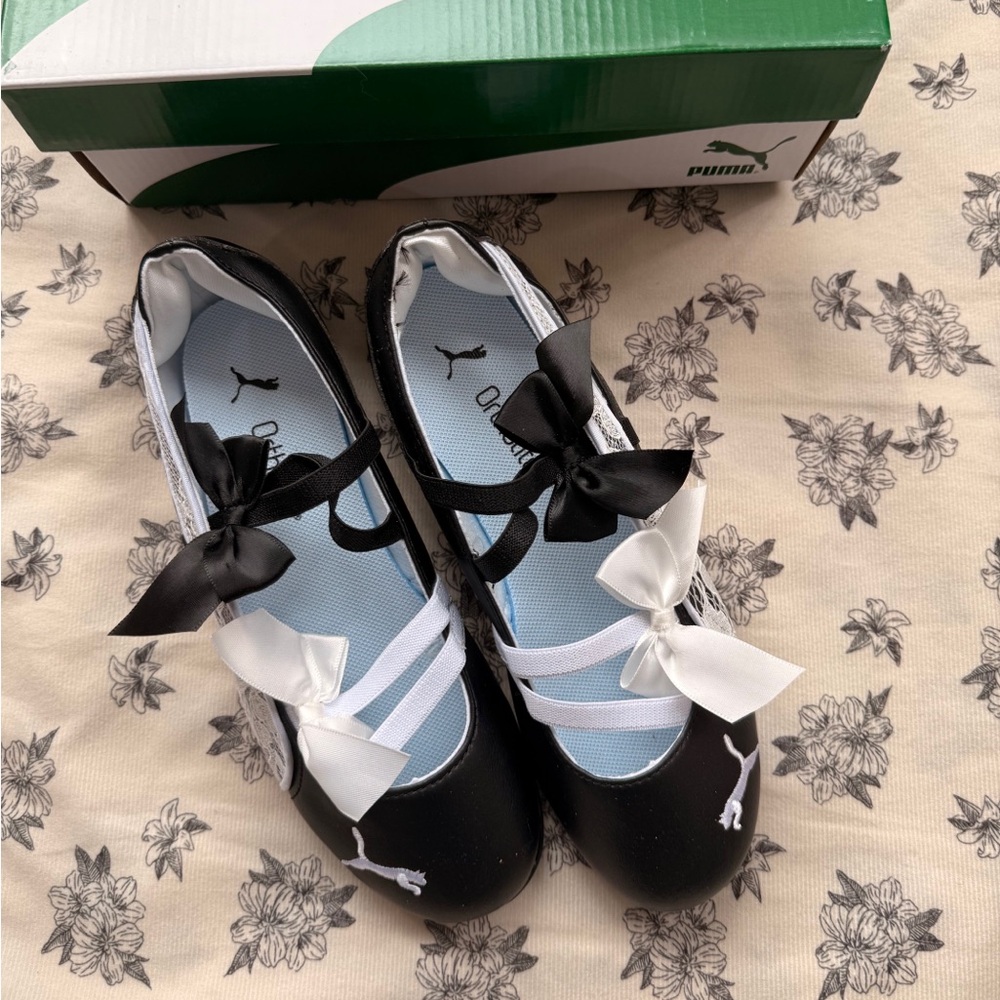Puma Black and White Ribbon Ballet Flats